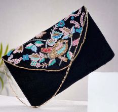 Black Beaded Cotton Sling Bag For Women With Bird Design 